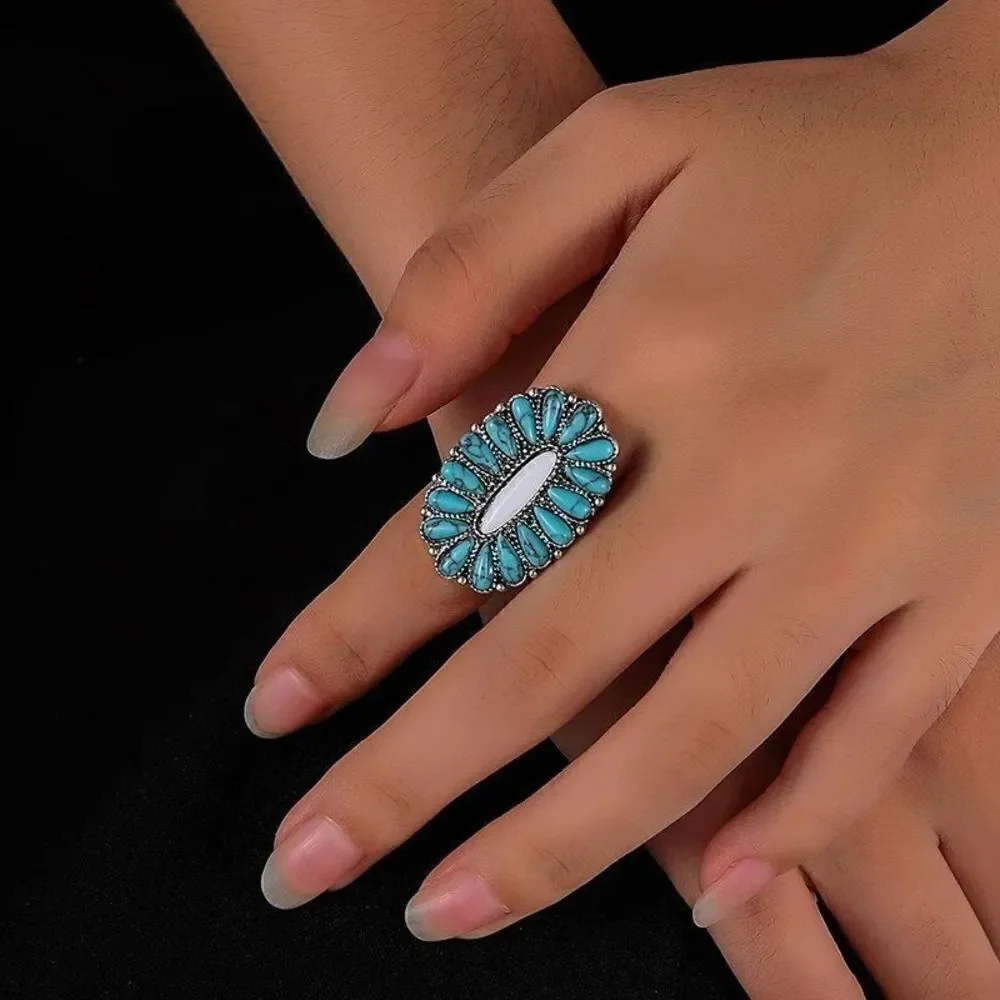 Ladies Western Turquoise Cluster Stone Statement Silver Adjustable Fashion Ring